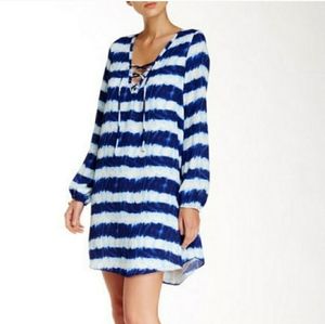 Love…Ady Lace-up Tie-dye Stripe Print Long-sleeve Shift Dress, Size M